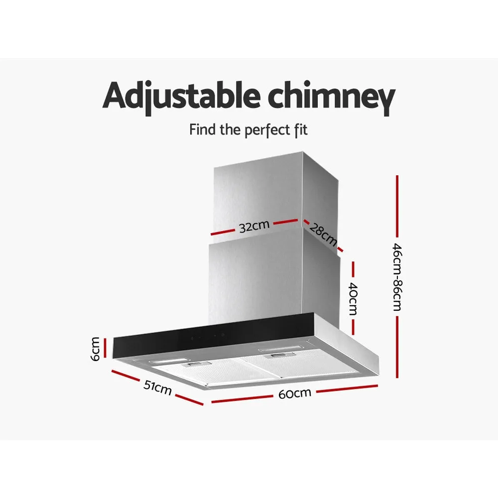 Black Glass 60cm Rangehood, 3-Speed, LED Lights, Devanti