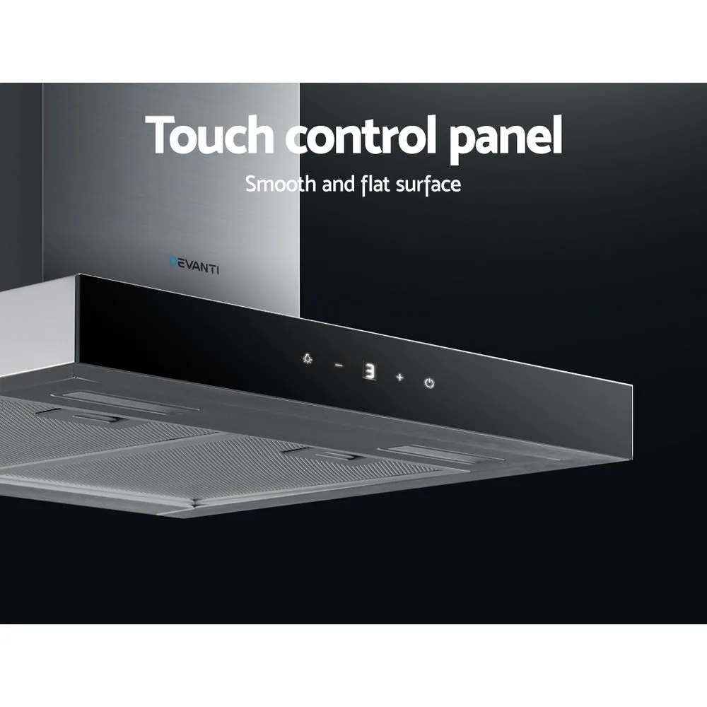 Black Glass 60cm Rangehood, 3-Speed, LED Lights, Devanti