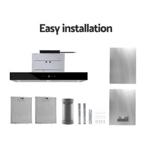 Black Glass 60cm Rangehood, 3-Speed, LED Lights, Devanti