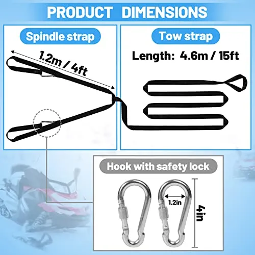 Extra Long 19ft Snowmobile Tow Straps - 4400lbs Break Strength Heavy-Duty ATV Towing Rope with Stainless Steel Hooks for Sled Snowboards Emergency Safety Tool Accessories Kit