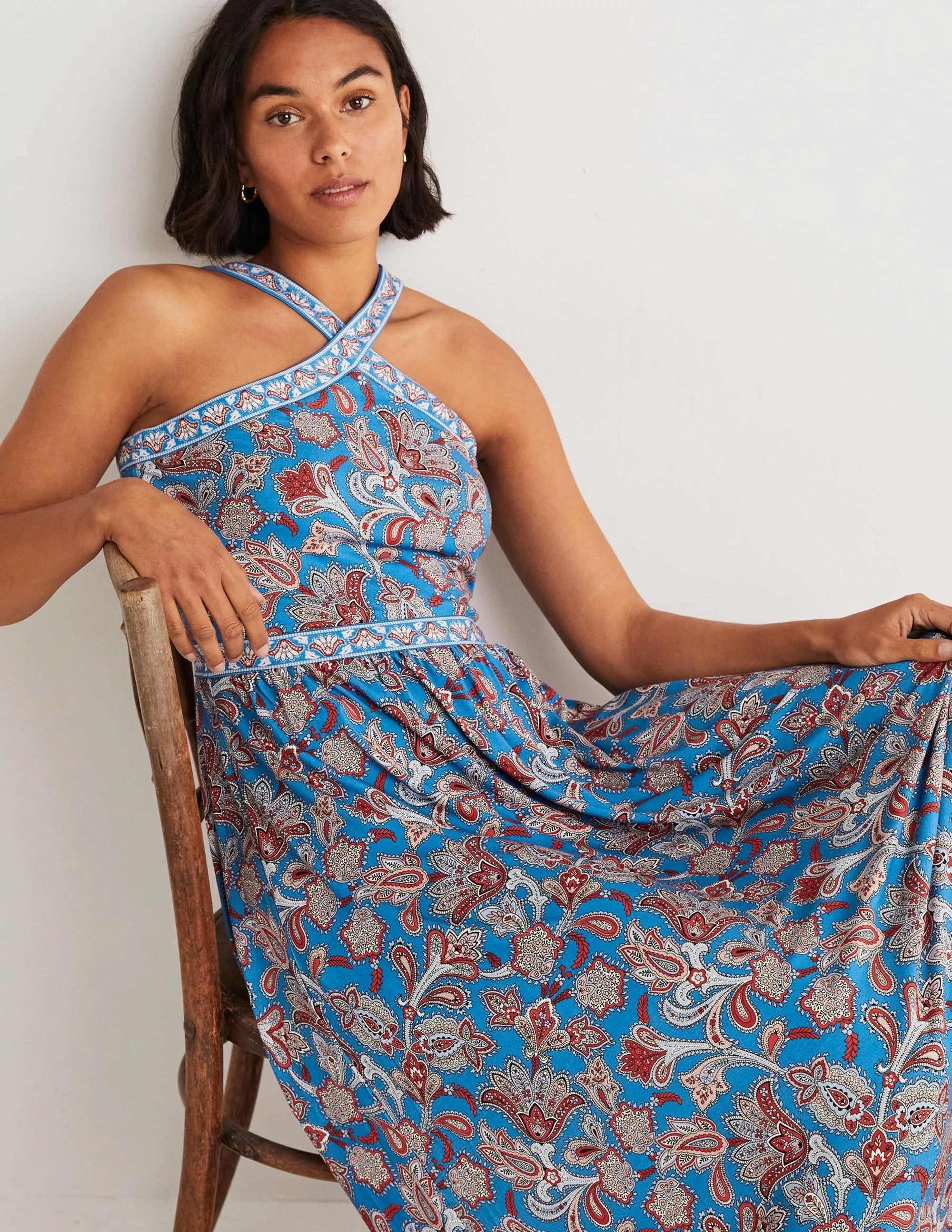 Halterneck Jersey Maxi Dress-Mosaic Blue, Paisley Bud