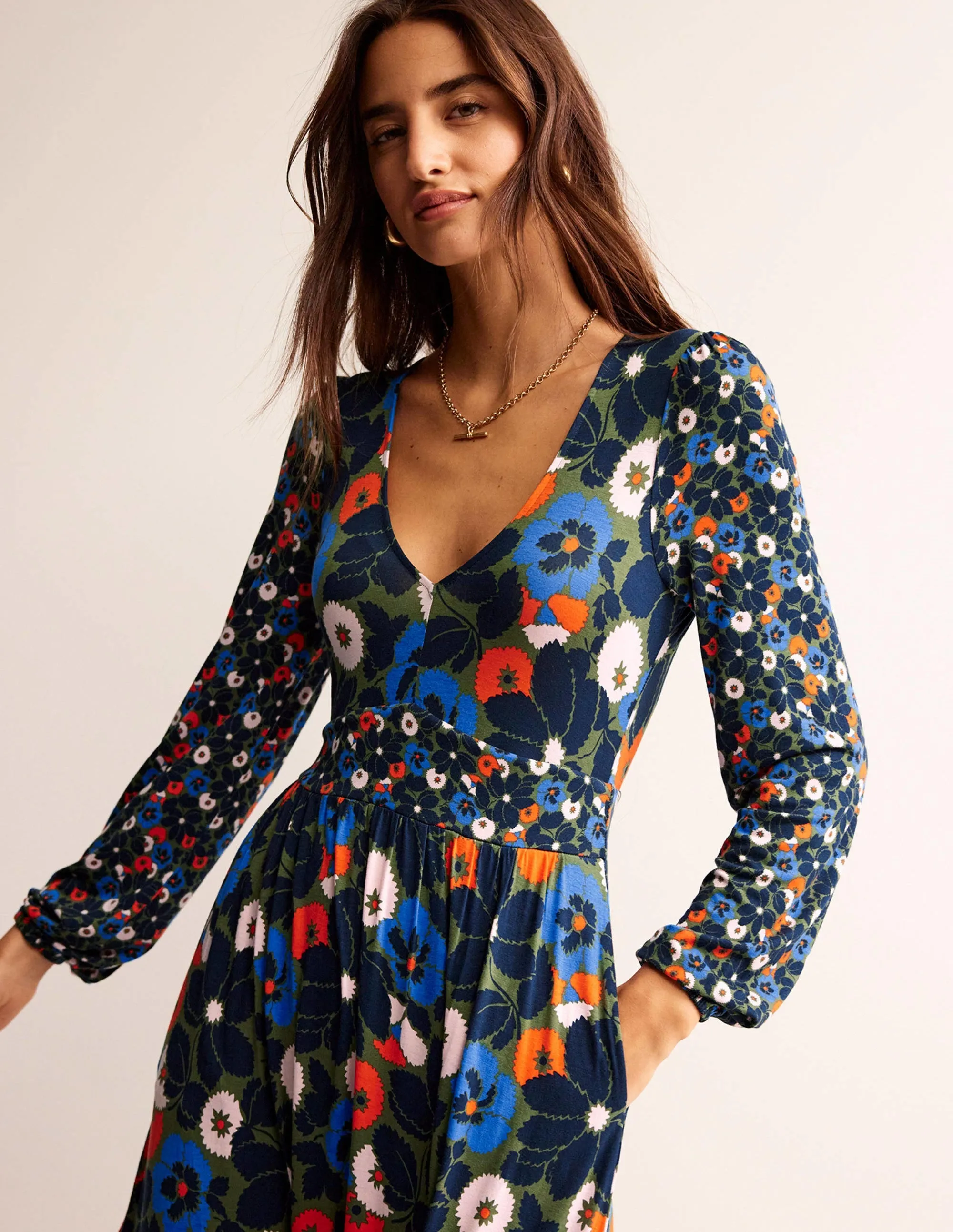 Hotch Potch V-Neck Midi Dress-Moss,  Bloomsbury Pop