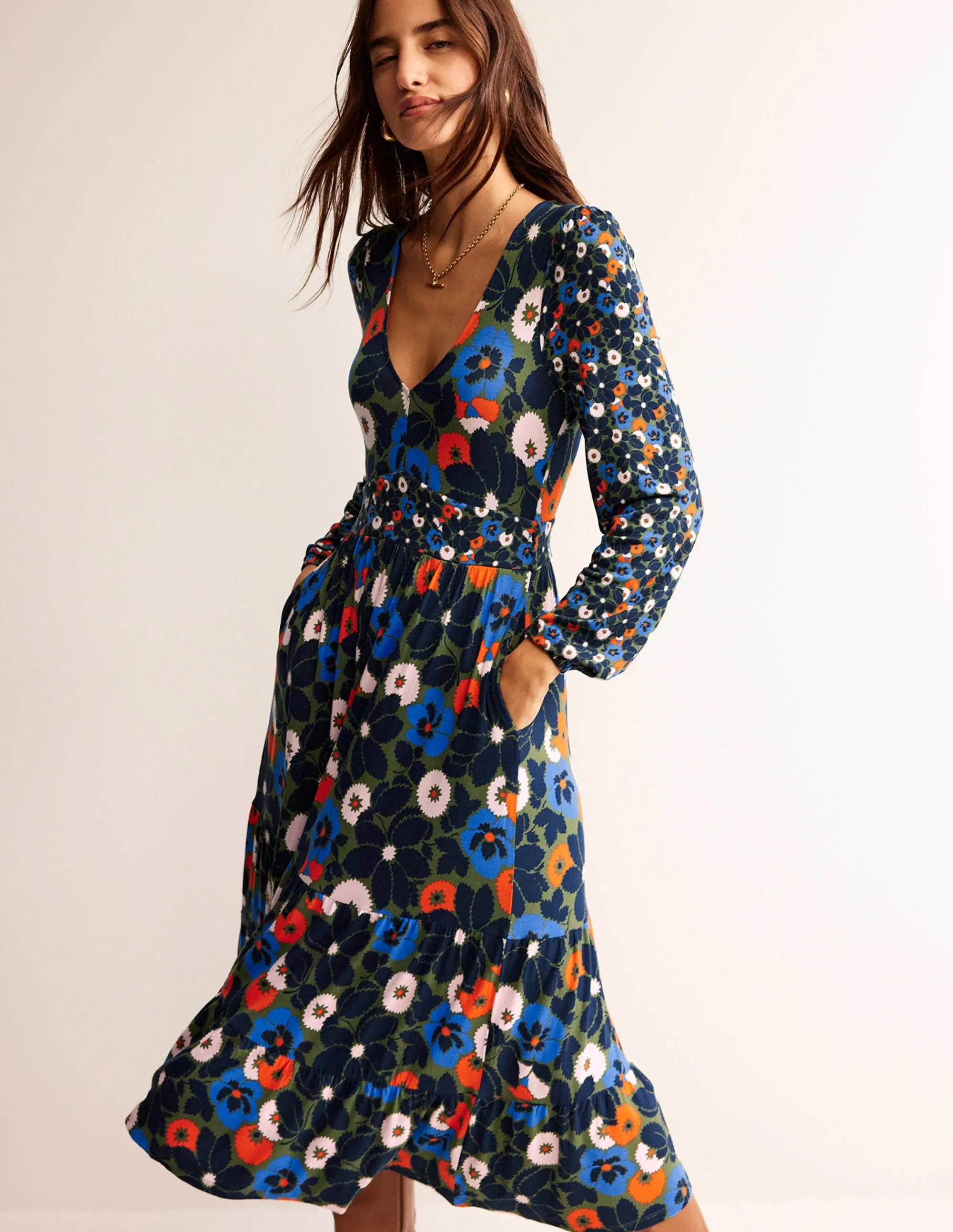 Hotch Potch V-Neck Midi Dress-Moss,  Bloomsbury Pop
