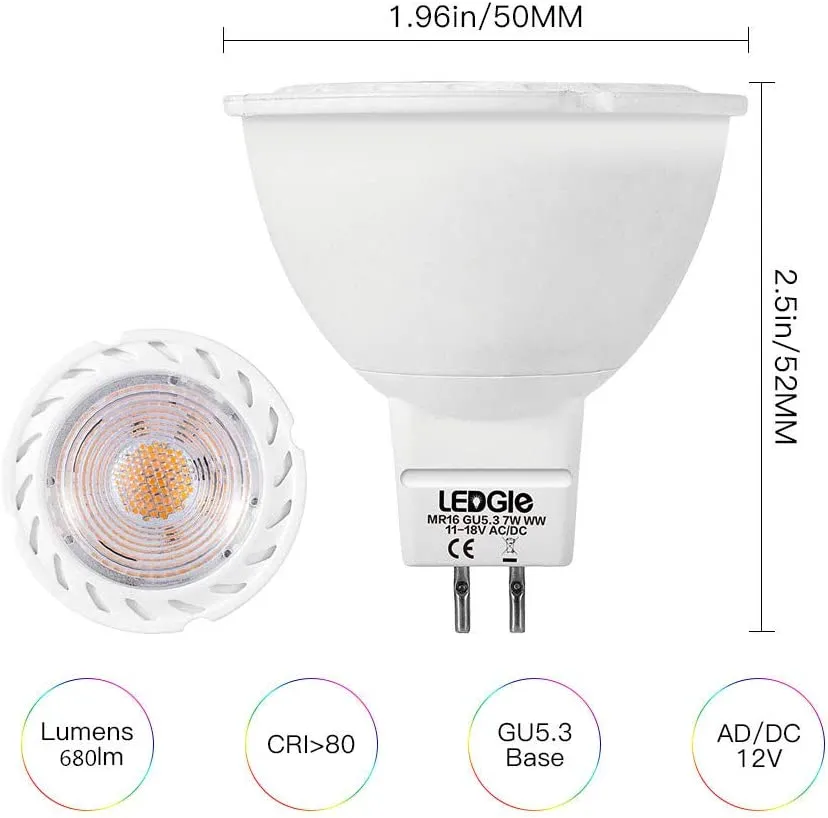 LEDGLE GU5.3 MR16 7W LED spot lamp warm white LED reflector replaces 60W halogen lamp LED spotlight 12V GU 5.3 LED illuminant 6pcs