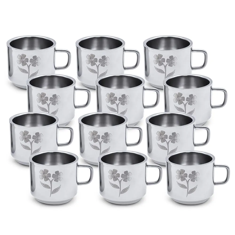 LiMETRO STEEL Pack of 12 Steel Stainless Steel 100 ml Laser Printed Double Wall Tea & Coffee Cups Set (Steel, Cup Set)