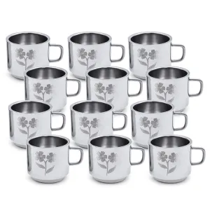 LiMETRO STEEL Pack of 12 Steel Stainless Steel 100 ml Laser Printed Double Wall Tea & Coffee Cups Set (Steel, Cup Set)