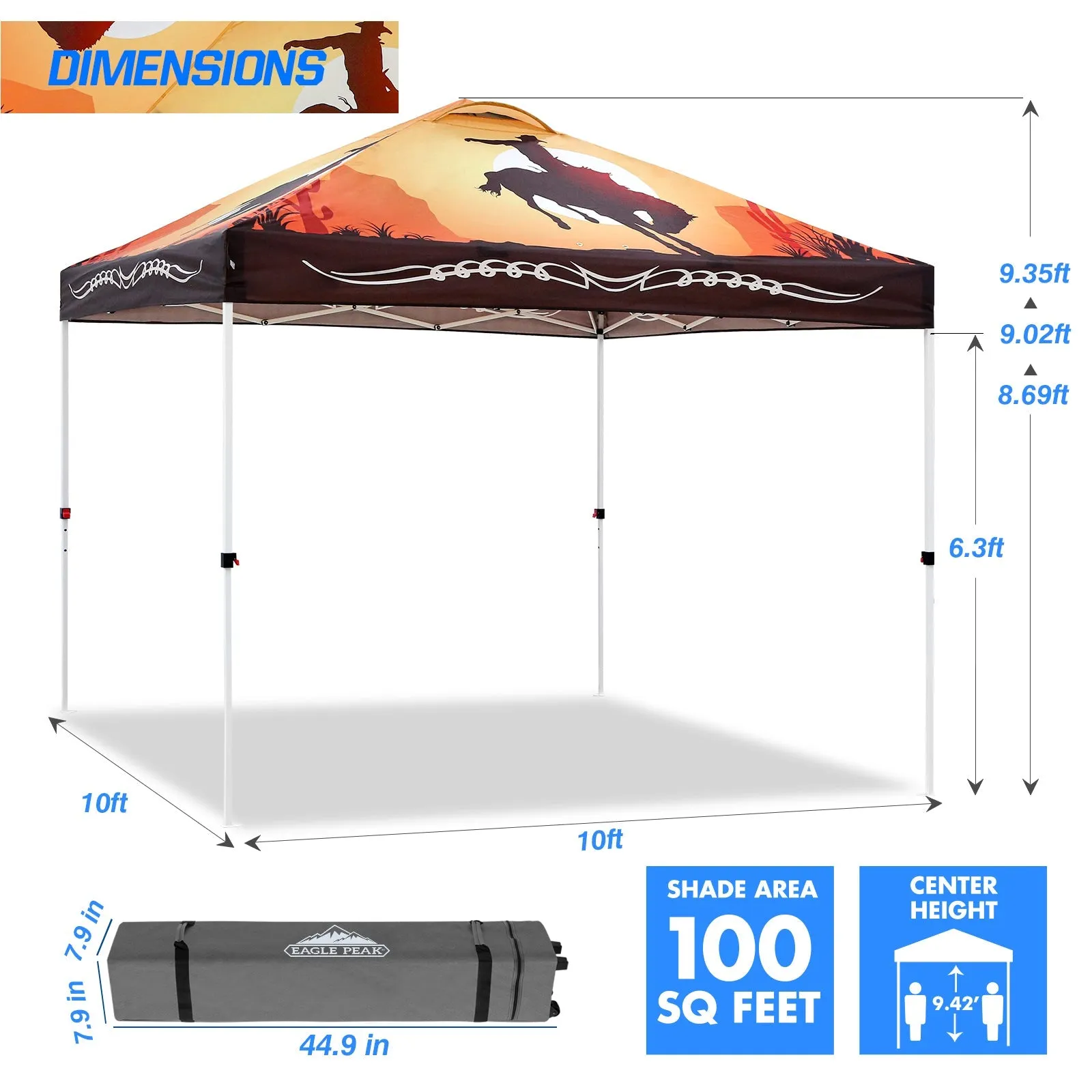 SHADE GRAPHiX Easy Setup 10x10 Pop Up Canopy Tent with Digital Printed Cowboy