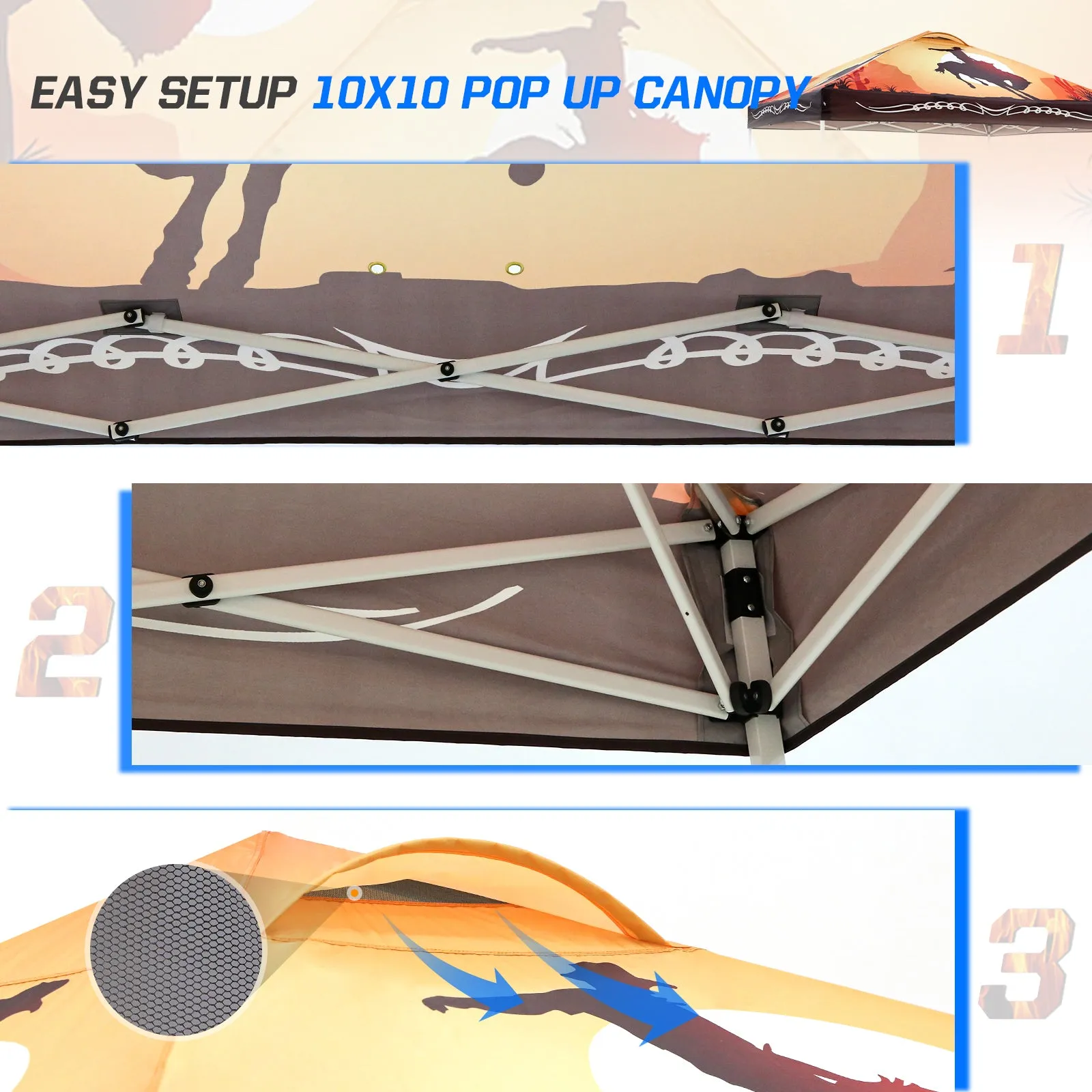 SHADE GRAPHiX Easy Setup 10x10 Pop Up Canopy Tent with Digital Printed Cowboy
