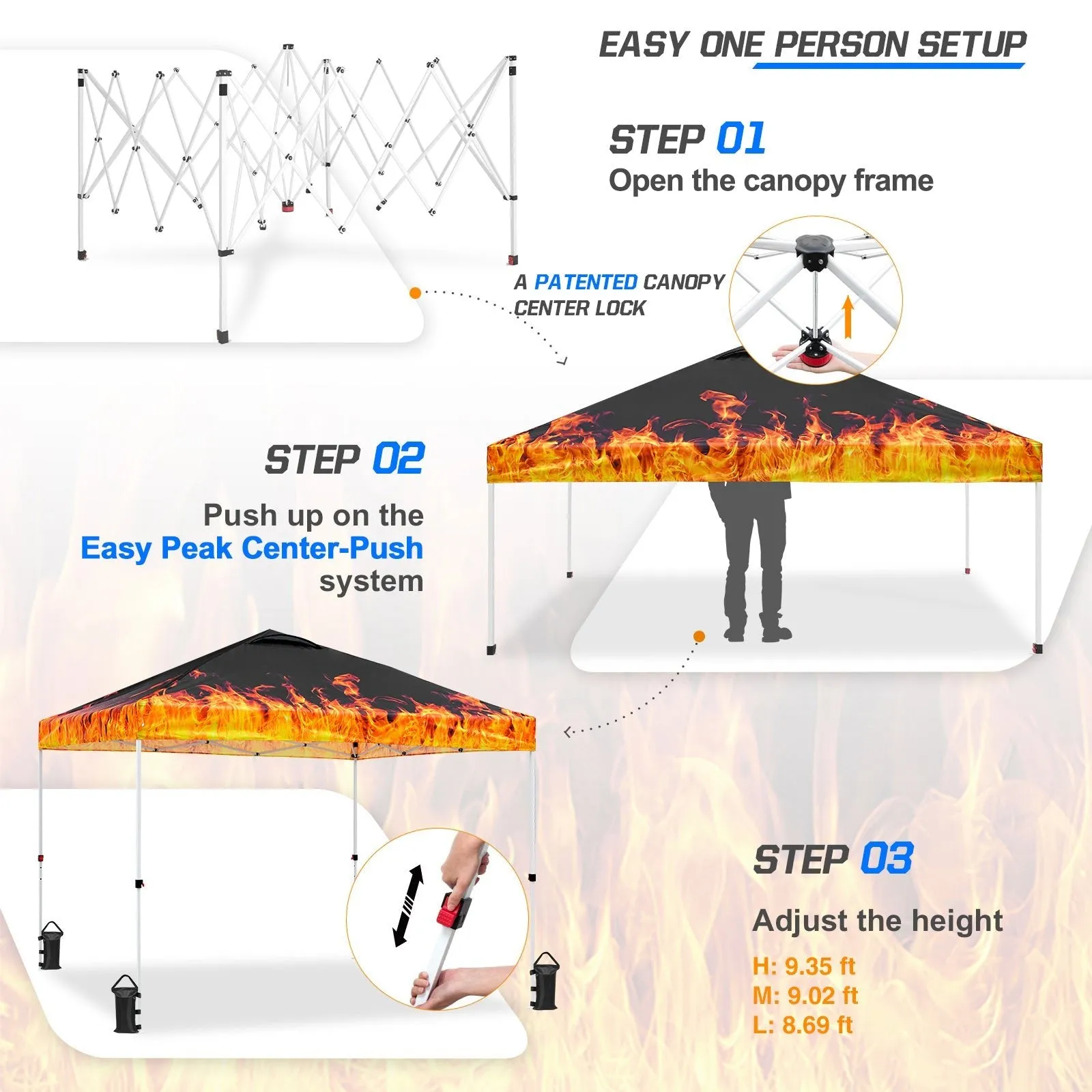 SHADE GRAPHiX Easy Setup 10x10 Pop Up Canopy Tent with Digital Printed Flame Top