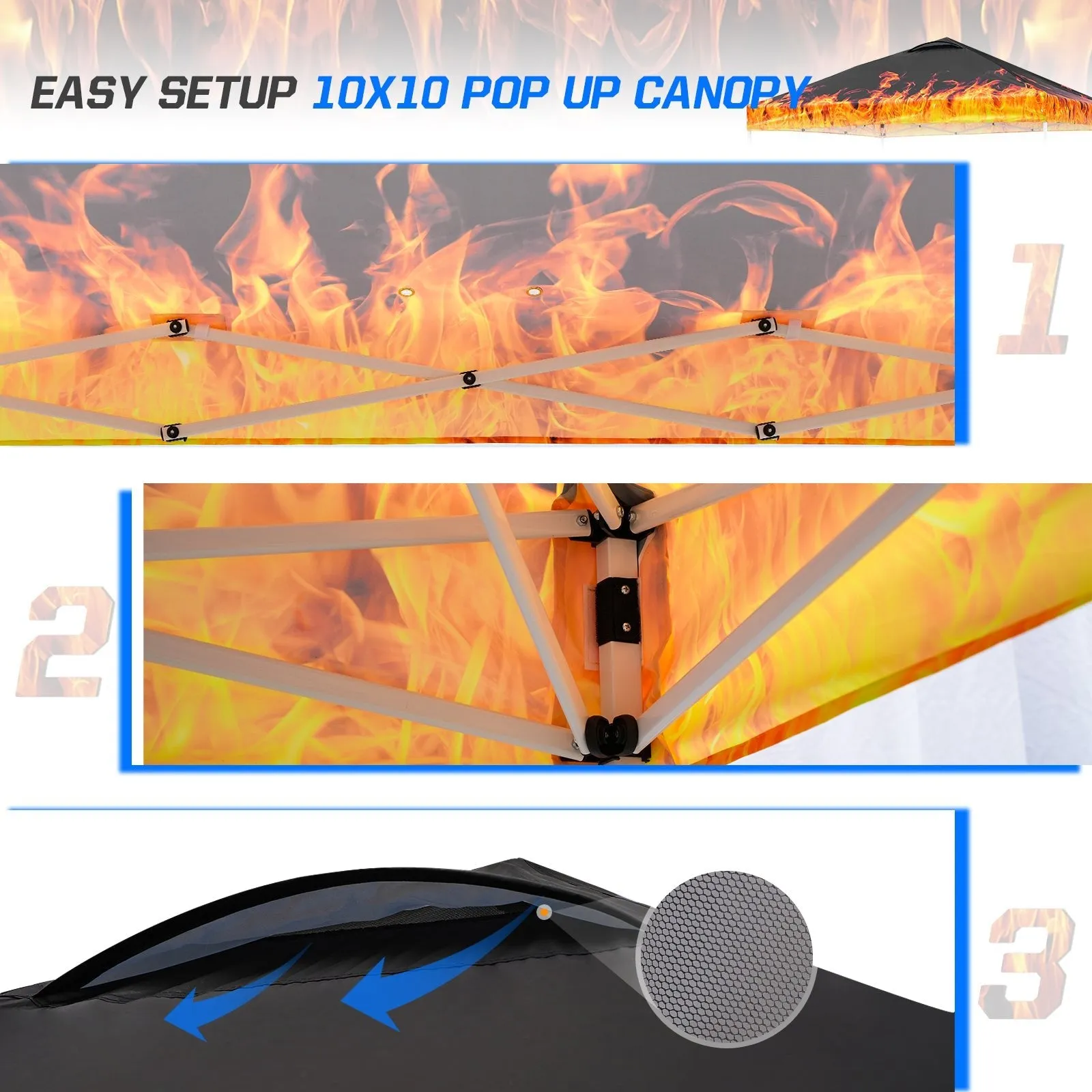 SHADE GRAPHiX Easy Setup 10x10 Pop Up Canopy Tent with Digital Printed Flame Top