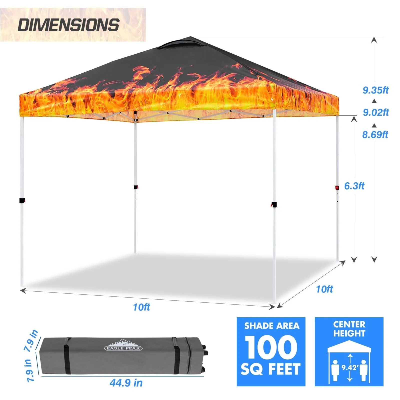 SHADE GRAPHiX Easy Setup 10x10 Pop Up Canopy Tent with Digital Printed Flame Top
