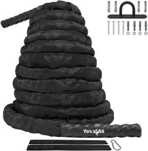 Yes4All Battle Exercise Training Rope with Protective Cover – Steel Anchor & Strap Included - 1.5/2 Inch Diameter Poly Dacron 30, 40, 50 Ft Length
