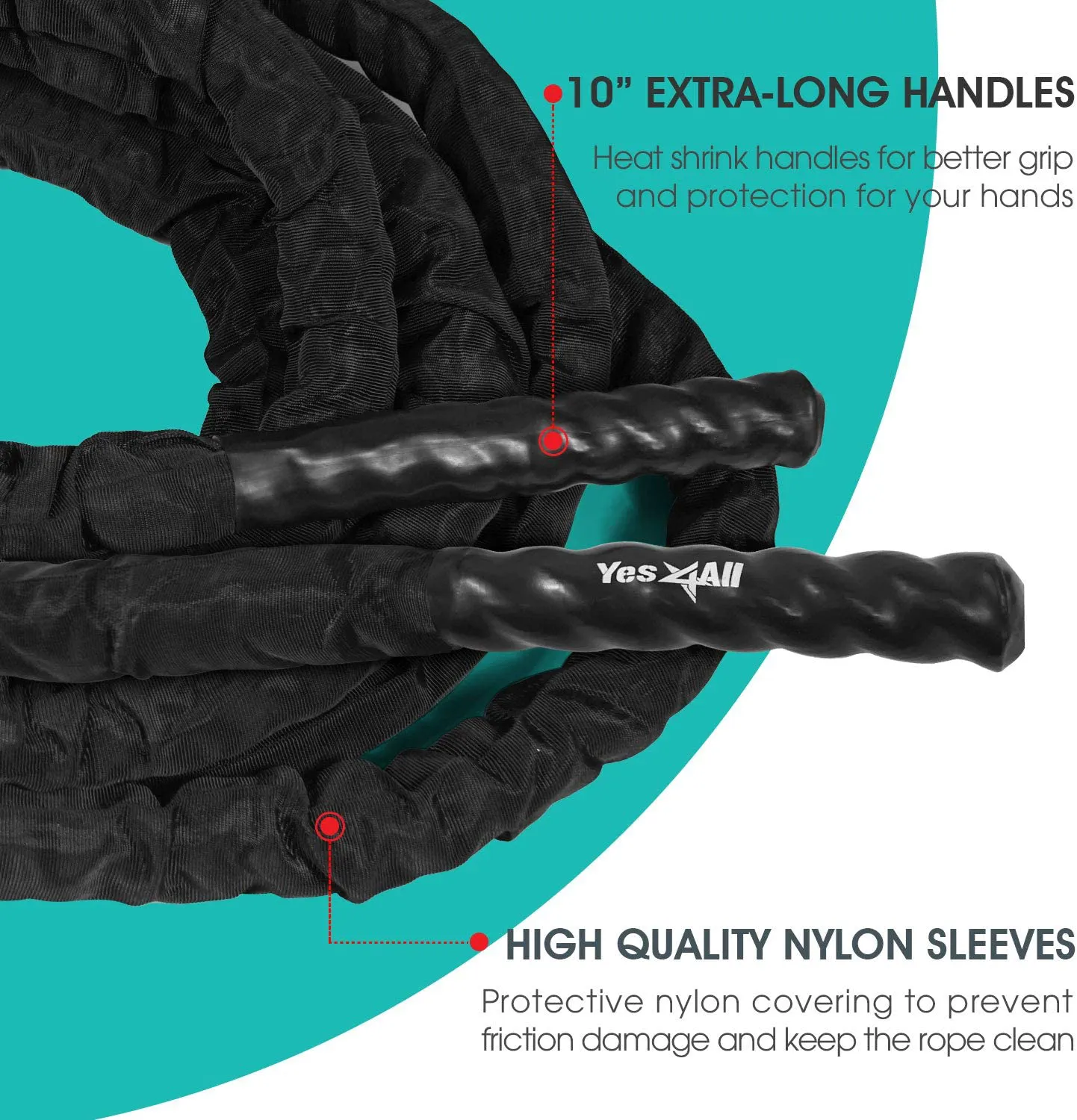 Yes4All Battle Exercise Training Rope with Protective Cover – Steel Anchor & Strap Included - 1.5/2 Inch Diameter Poly Dacron 30, 40, 50 Ft Length